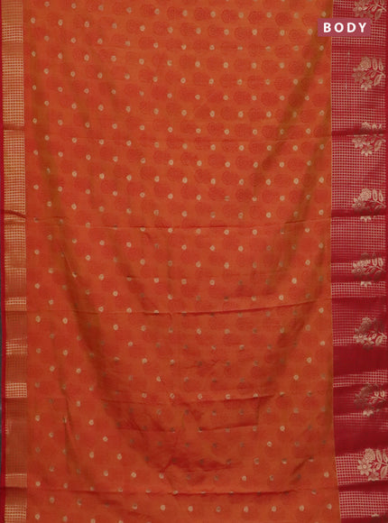 Semi raw silk saree dual shade of orange and red with allover floral butta prints & 1000 zari buttas and long zari woven border