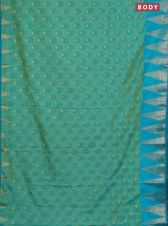 Semi raw silk saree dual shade of teal blue and cs blue with allover floral butta prints & 1000 zari buttas and temple design zari woven border
