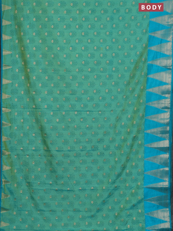 Semi raw silk saree dual shade of teal blue and cs blue with allover floral butta prints & 1000 zari buttas and temple design zari woven border