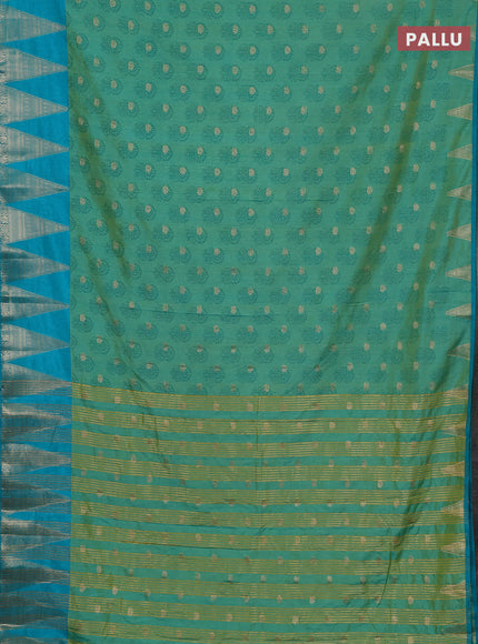 Semi raw silk saree dual shade of teal blue and cs blue with allover floral butta prints & 1000 zari buttas and temple design zari woven border
