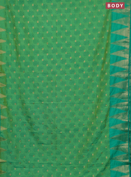 Semi raw silk saree light green and teal green with allover floral butta prints & 1000 zari buttas and temple design zari woven border
