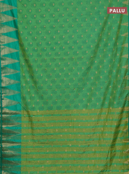 Semi raw silk saree light green and teal green with allover floral butta prints & 1000 zari buttas and temple design zari woven border