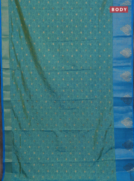 Semi raw silk saree dual shade of teal bluish green and cs blue with allover floral prints & 1000 zari buttas and long zari woven border