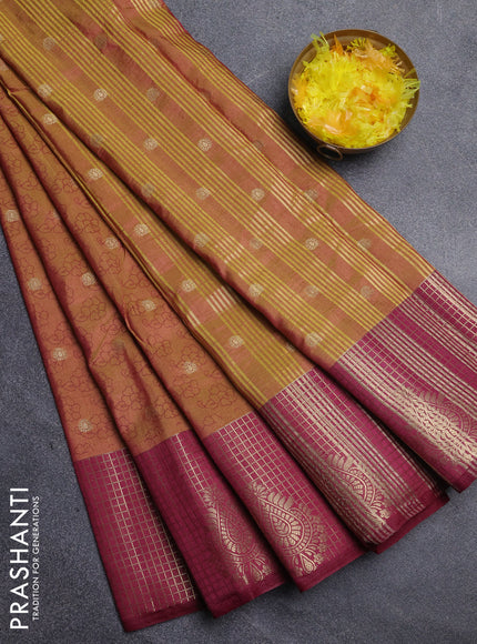 Semi raw silk saree dark mustard and wine shade with allover floral prints & 1000 zari buttas and long zari woven border