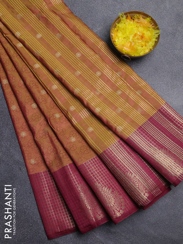 Semi raw silk saree dark mustard and wine shade with allover floral prints & 1000 zari buttas and long zari woven border