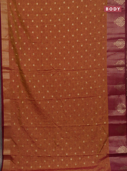 Semi raw silk saree dark mustard and wine shade with allover floral prints & 1000 zari buttas and long zari woven border