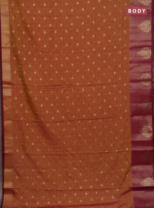 Semi raw silk saree dark mustard and wine shade with allover floral prints & 1000 zari buttas and long zari woven border