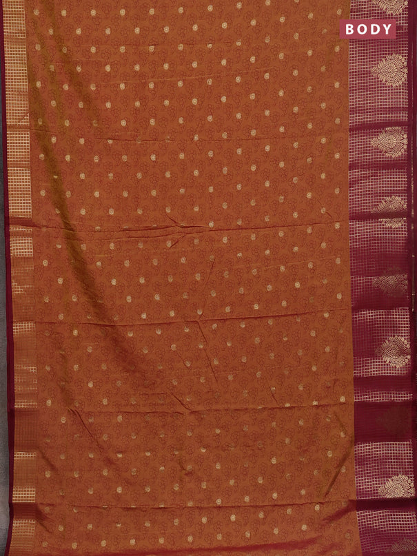 Semi raw silk saree dark mustard and wine shade with allover floral prints & 1000 zari buttas and long zari woven border