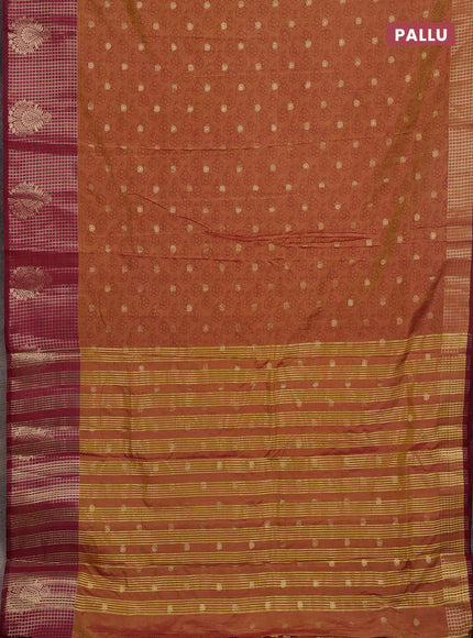 Semi raw silk saree dark mustard and wine shade with allover floral prints & 1000 zari buttas and long zari woven border