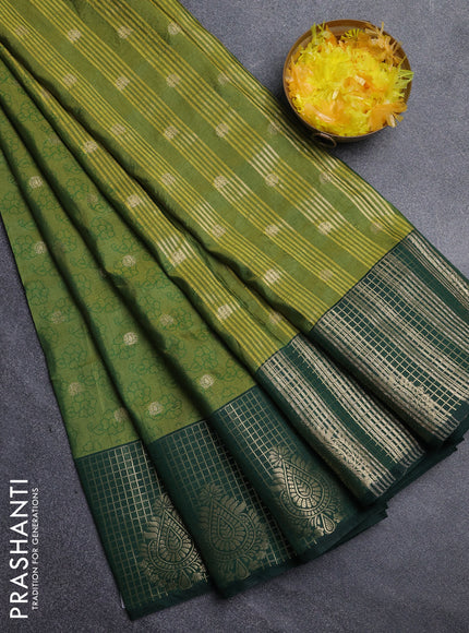 Semi raw silk saree mehendi green and bottle green with allover floral prints & 1000 zari buttas and long zari woven border