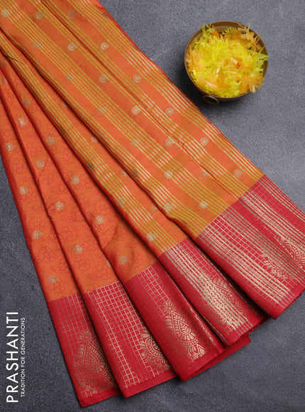 Semi raw silk saree dual shade of orange and red with allover floral prints & 1000 zari buttas and long zari woven border
