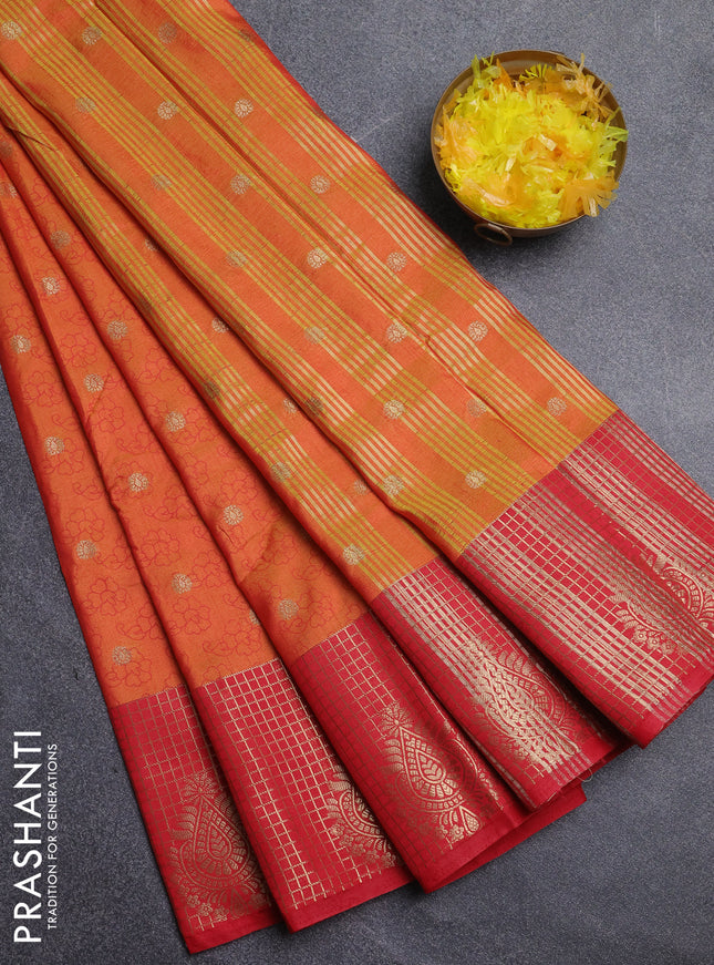 Semi raw silk saree dual shade of orange and red with allover floral prints & 1000 zari buttas and long zari woven border