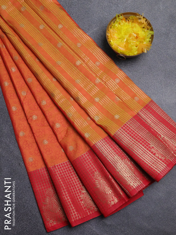 Semi raw silk saree dual shade of orange and red with allover floral prints & 1000 zari buttas and long zari woven border