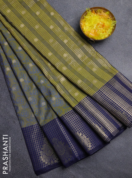 Semi raw silk saree mehendi green and navy blue with allover floral prints & 1000 zari buttas and long zari woven border