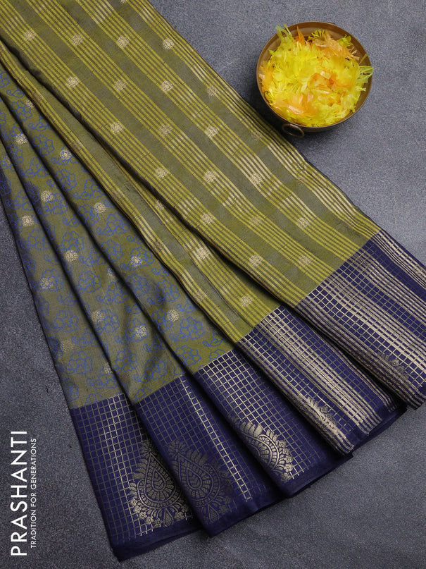 Semi raw silk saree mehendi green and navy blue with allover floral prints & 1000 zari buttas and long zari woven border