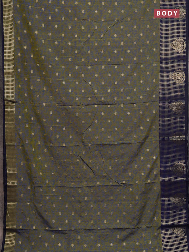 Semi raw silk saree mehendi green and navy blue with allover floral prints & 1000 zari buttas and long zari woven border