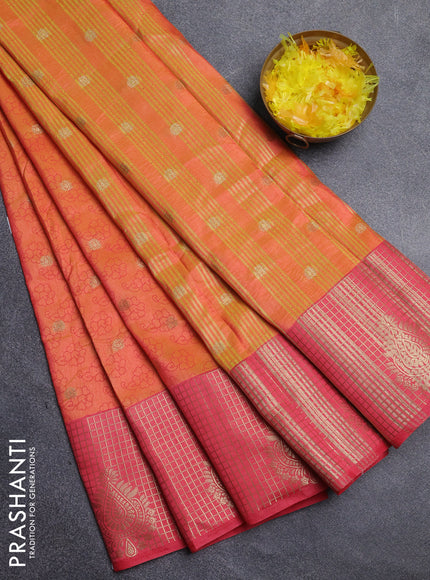 Semi raw silk saree dual shade of orange and peach pink with allover floral prints & 1000 zari buttas and long zari woven border