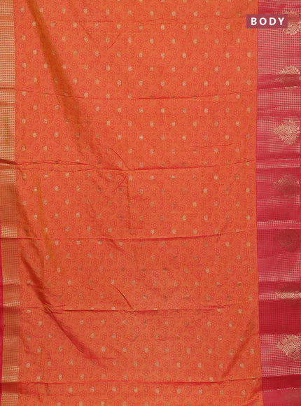 Semi raw silk saree dual shade of orange and peach pink with allover floral prints & 1000 zari buttas and long zari woven border