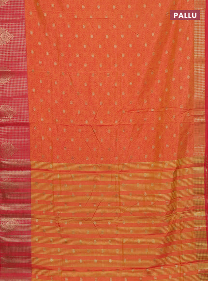 Semi raw silk saree dual shade of orange and peach pink with allover floral prints & 1000 zari buttas and long zari woven border