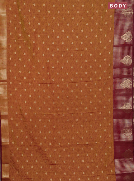 Semi raw silk saree dark mustard green and wine shade with allover floral prints & 1000 zari buttas and long zari woven border