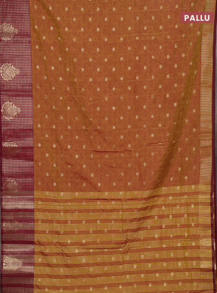 Semi raw silk saree dark mustard green and wine shade with allover floral prints & 1000 zari buttas and long zari woven border