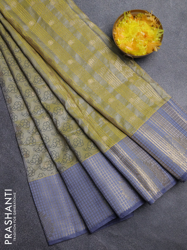 Semi raw silk saree elaichi green and grey with allover floral prints & 1000 zari buttas and long zari woven border