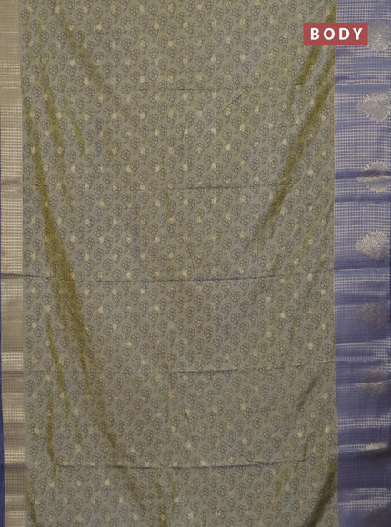 Semi raw silk saree elaichi green and grey with allover floral prints & 1000 zari buttas and long zari woven border