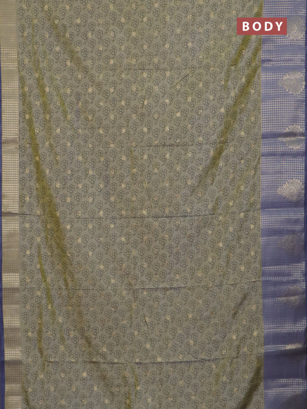 Semi raw silk saree elaichi green and grey with allover floral prints & 1000 zari buttas and long zari woven border
