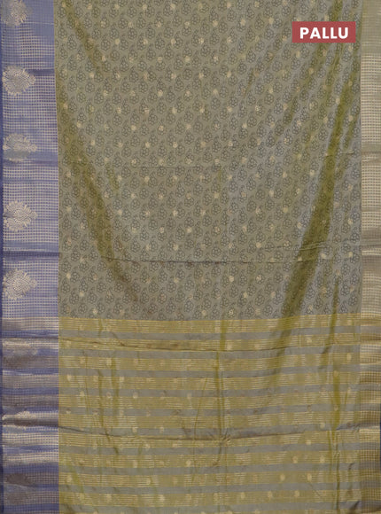 Semi raw silk saree elaichi green and grey with allover floral prints & 1000 zari buttas and long zari woven border