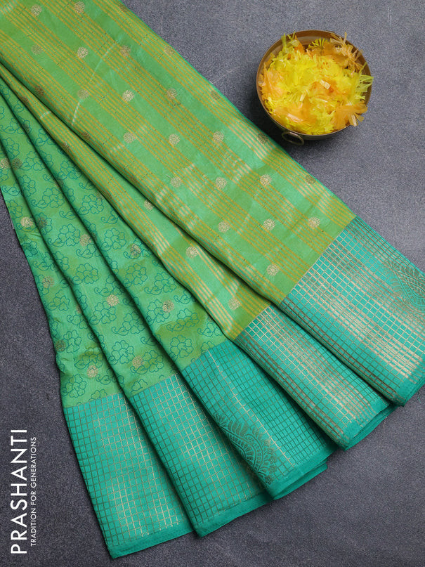 Semi raw silk saree light green and green with allover floral prints & 1000 zari buttas and long zari woven border