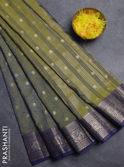 Semi raw silk saree mehendi green and navy blue with allover kalamkari prints & 1000 zari buttas and zari woven border