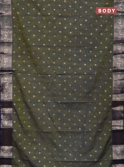 Semi raw silk saree mehendi green and navy blue with allover kalamkari prints & 1000 zari buttas and zari woven border