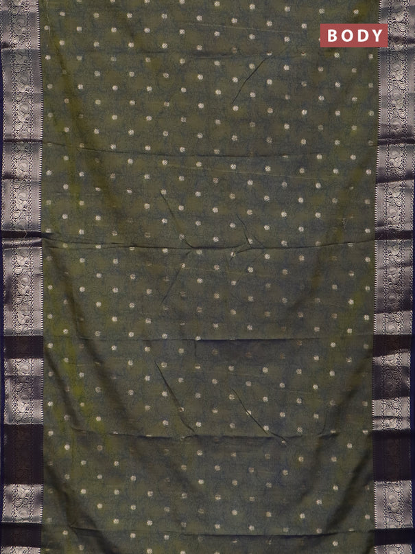 Semi raw silk saree mehendi green and navy blue with allover kalamkari prints & 1000 zari buttas and zari woven border