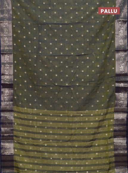Semi raw silk saree mehendi green and navy blue with allover kalamkari prints & 1000 zari buttas and zari woven border