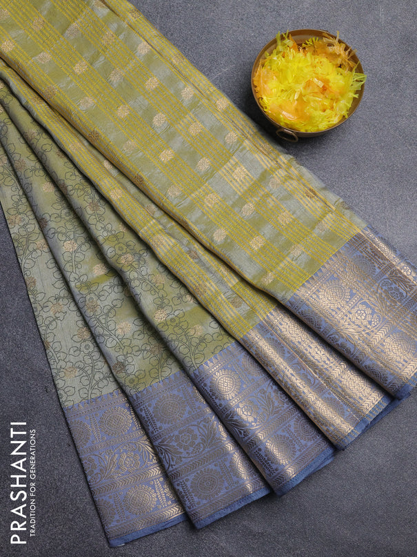 Semi raw silk saree elaichi green and grey with allover kalamkari prints & 1000 zari buttas and long zari woven border