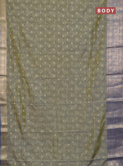 Semi raw silk saree elaichi green and grey with allover kalamkari prints & 1000 zari buttas and long zari woven border