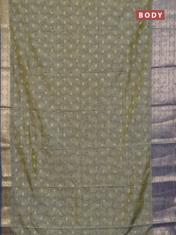 Semi raw silk saree elaichi green and grey with allover kalamkari prints & 1000 zari buttas and long zari woven border