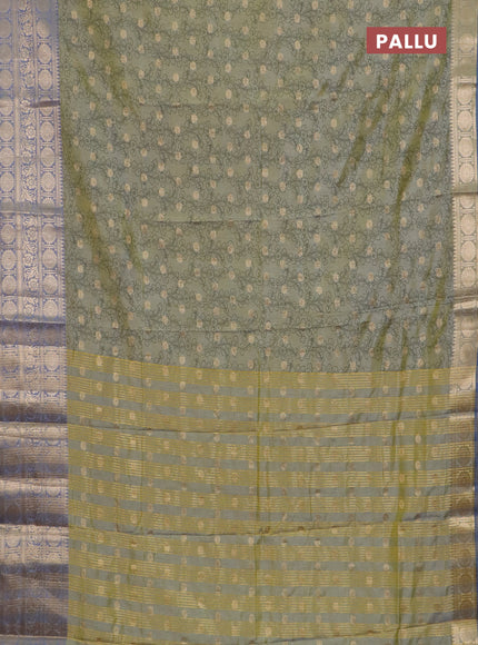Semi raw silk saree elaichi green and grey with allover kalamkari prints & 1000 zari buttas and long zari woven border