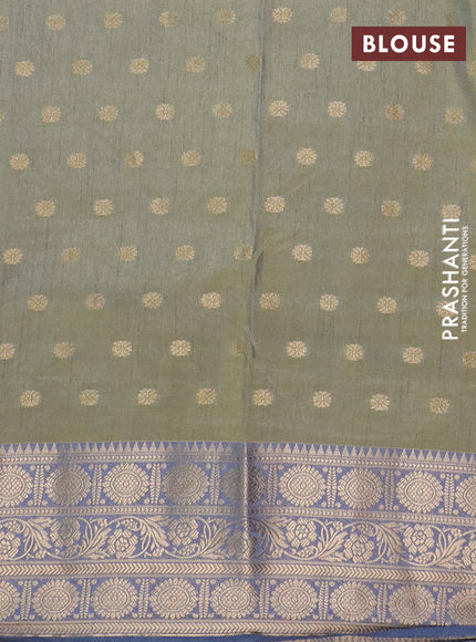 Semi raw silk saree elaichi green and grey with allover kalamkari prints & 1000 zari buttas and long zari woven border