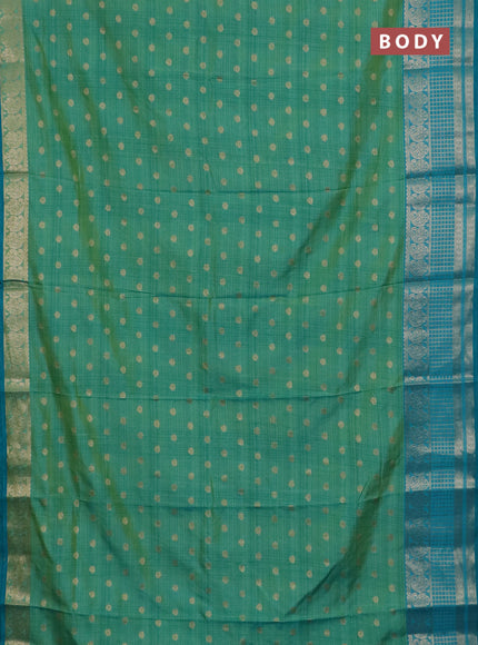 Semi raw silk saree dual shade of teal bluish green and teal blue with allover prints & 1000 zari buttas and long zari woven border