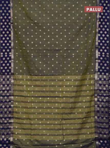 Semi raw silk saree mehendi green and navy blue with allover prints & 1000 zari buttas and long zari woven border