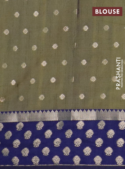 Semi raw silk saree mehendi green and navy blue with allover prints & 1000 zari buttas and long zari woven border