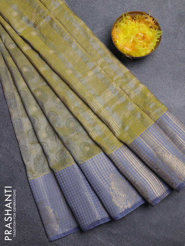 Semi raw silk saree elaichi green and grey with allover floral butta prints & 1000 zari buttas and long zari woven border