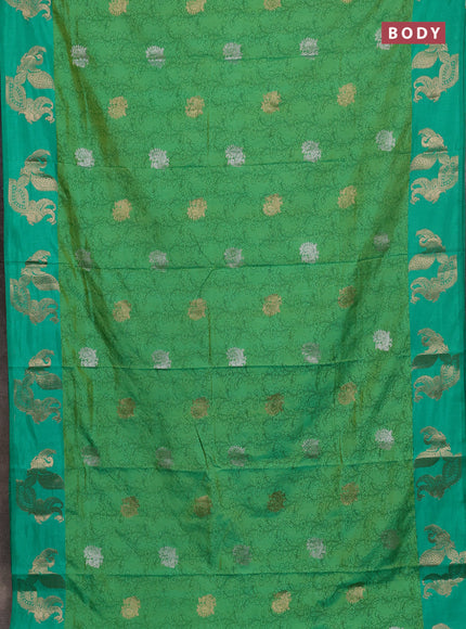 Semi raw silk saree light green and teal green with allover kalamkari prints & 1000 zari buttas and zari woven peacock butta border