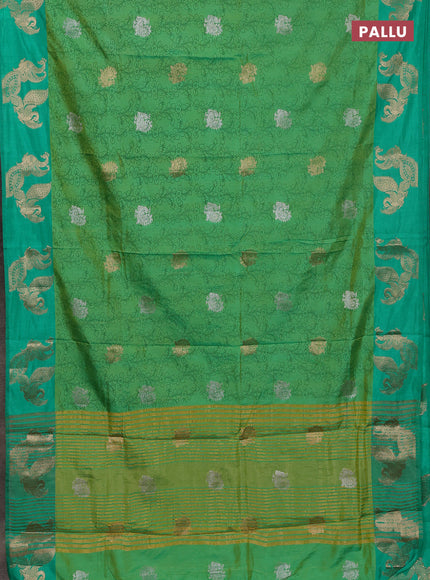 Semi raw silk saree light green and teal green with allover kalamkari prints & 1000 zari buttas and zari woven peacock butta border