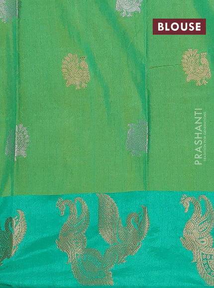 Semi raw silk saree light green and teal green with allover kalamkari prints & 1000 zari buttas and zari woven peacock butta border