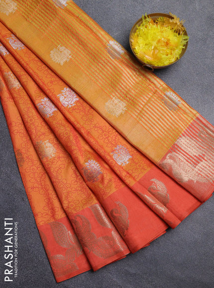 Semi raw silk saree dual shade of orange and orange with allover kalamkari prints & 1000 zari buttas and zari woven peacock butta border