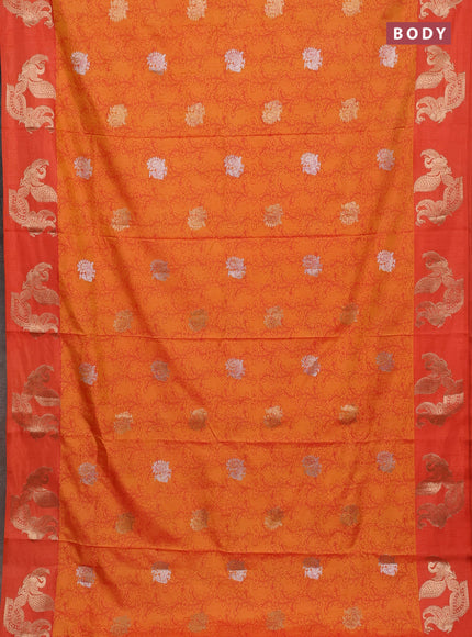 Semi raw silk saree dual shade of orange and orange with allover kalamkari prints & 1000 zari buttas and zari woven peacock butta border