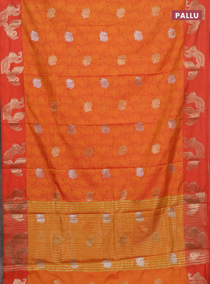 Semi raw silk saree dual shade of orange and orange with allover kalamkari prints & 1000 zari buttas and zari woven peacock butta border