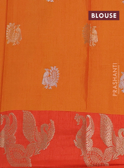 Semi raw silk saree dual shade of orange and orange with allover kalamkari prints & 1000 zari buttas and zari woven peacock butta border